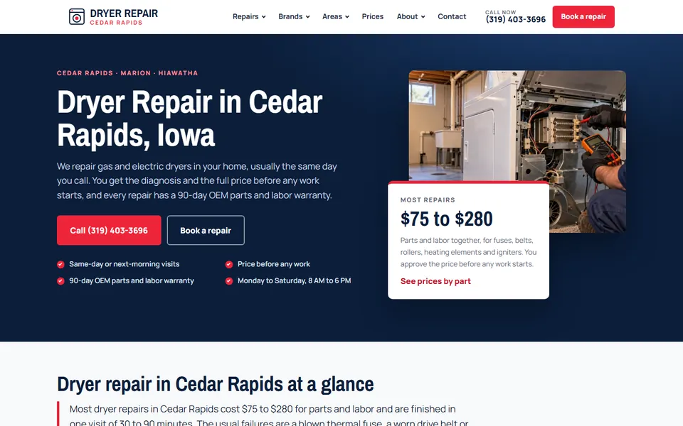 Dryer Repair Cedar Rapids website on desktop, Appliance repair in Cedar Rapids, Iowa, USA