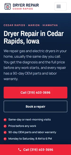 Dryer Repair Cedar Rapids website on mobile