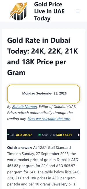 GoldRateUAE website on mobile
