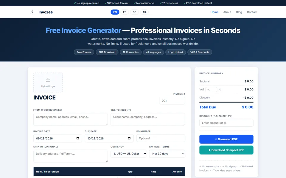 Invozee website on desktop, Web app in Online