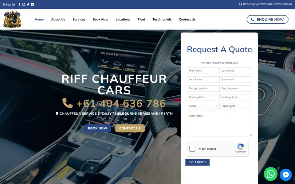 Riff Chauffeur Cars website on desktop, Chauffeur service in Sydney, Australia