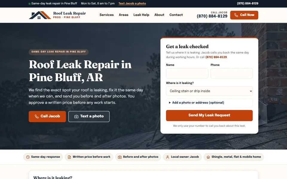 Roof Leak Repair Pros website on desktop, Roofing in Pine Bluff, Arkansas, USA
