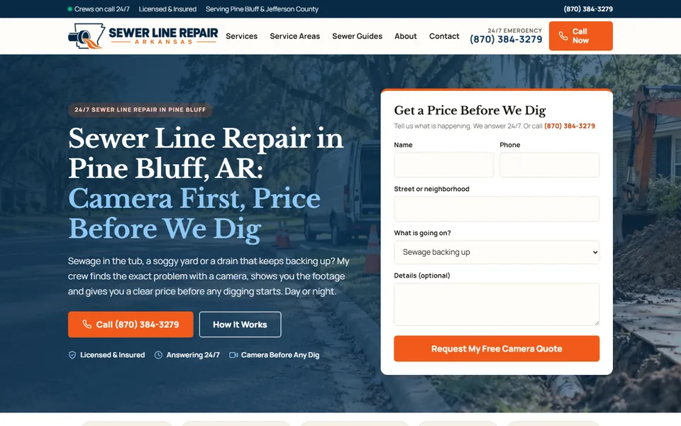 Sewer Line Repair Arkansas website on desktop, Plumbing and sewer in Pine Bluff, Arkansas, USA
