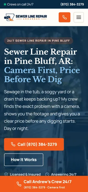 Sewer Line Repair Arkansas website on mobile