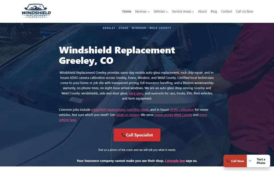 Windshield Replacement Greeley website on desktop, Auto glass in Greeley, Colorado, USA