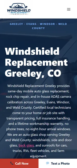 Windshield Replacement Greeley website on mobile