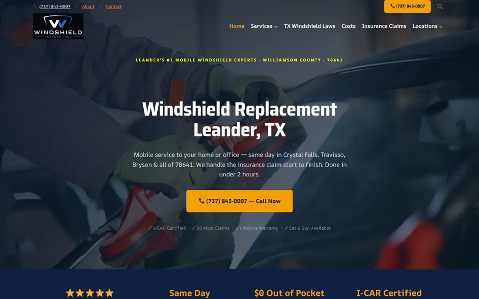 Windshield Replacement Leander website on desktop, Auto glass in Leander, Texas, USA