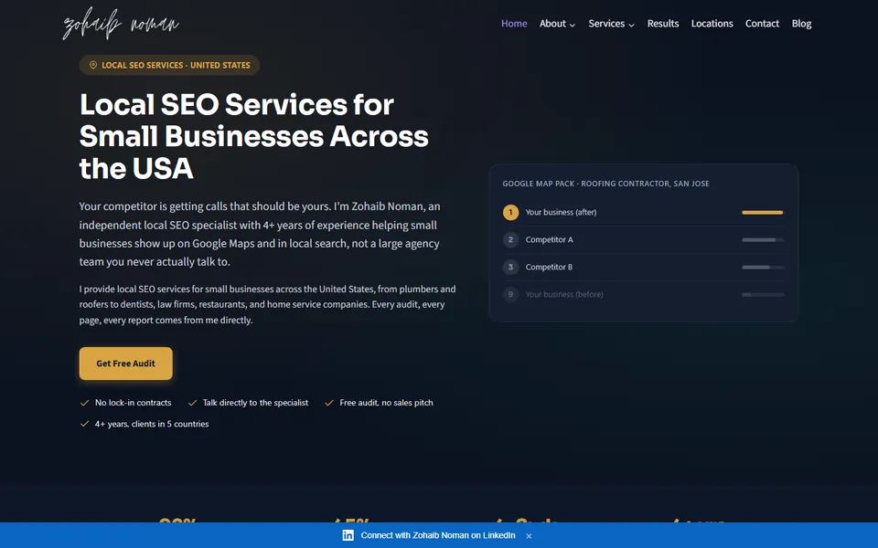 Zohaib Noman website on desktop, Local SEO consultant in United States (remote)