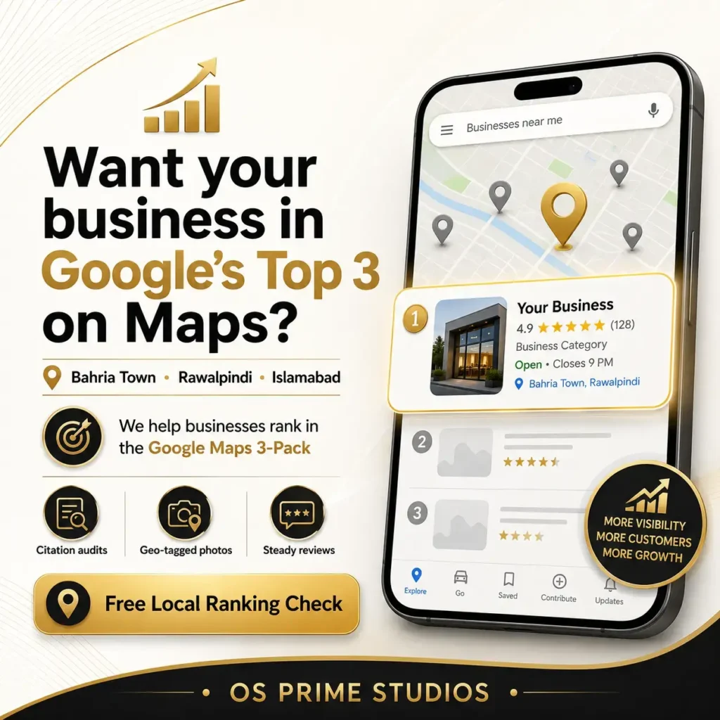 OS Prime Studios graphic of a business ranked first in the Google Maps local results on a phone