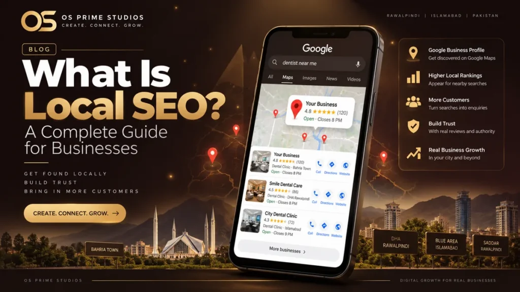 Local SEO guide for businesses in Rawalpindi and Islamabad showing a Google Maps listing