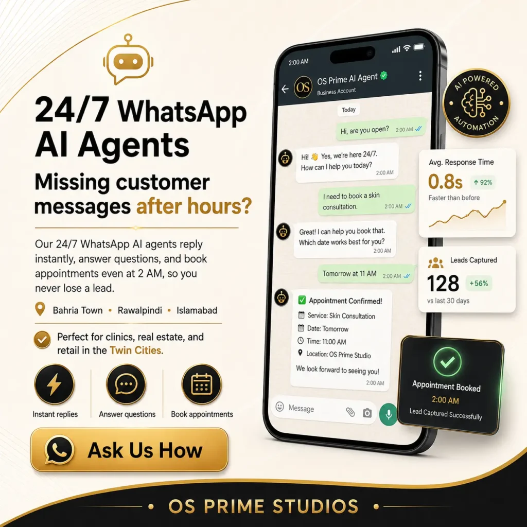 OS Prime Studios graphic of a WhatsApp AI agent answering customer messages